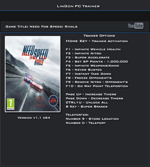 Трейнер +13 для NFS Rivals V 1.1 (Win x 32 & 64)